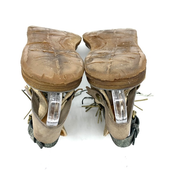 A.S.98 Ramos Brown Silver Leather Fringe Buckle Snap Gladiator Sandals - Picture 5 of 8